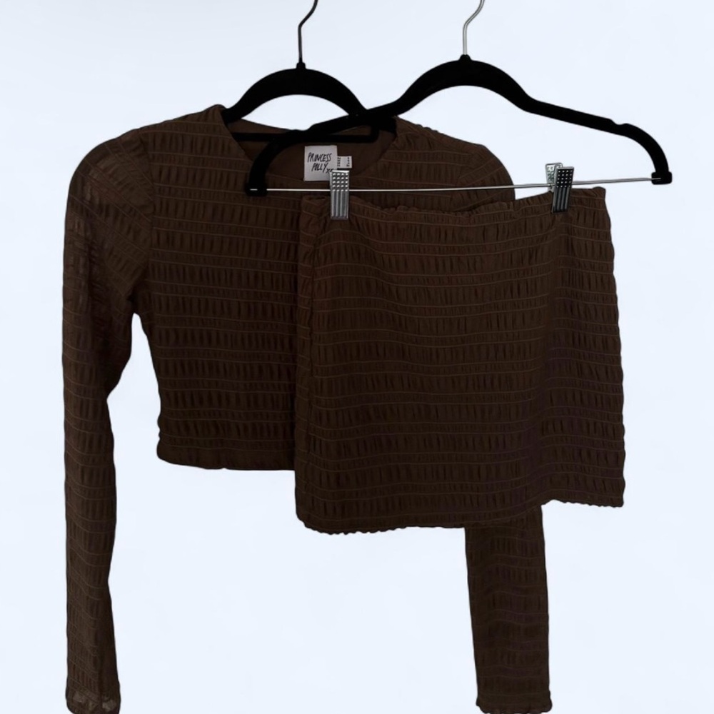 Brown Long Sleeve Crop Top & Mini Skirt Set